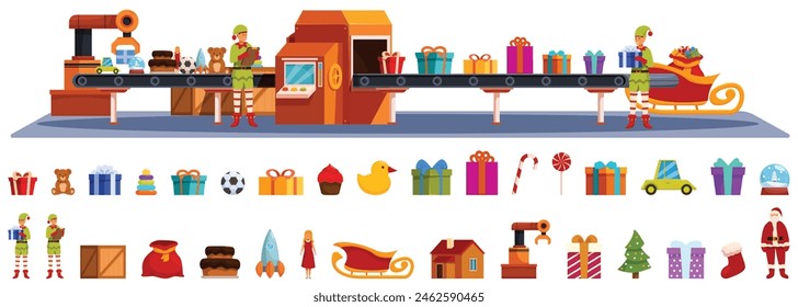 Christmas factory conveyor vector. A cartoon of elves working in a factory with a conveyor belt of presents. The elves are busy sorting through the presents, with some of them being toys