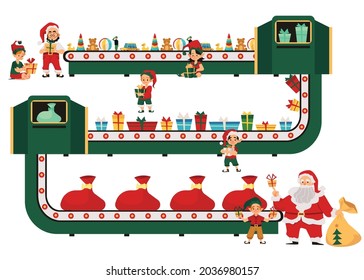 Fábrica de Navidad en producción y paquete de regalos de vacaciones. Santa claus con sus elfos ayudantes trabaja en transporte con juguetes para regalos navideños. Ilustración vectorial de dibujos animados planos.