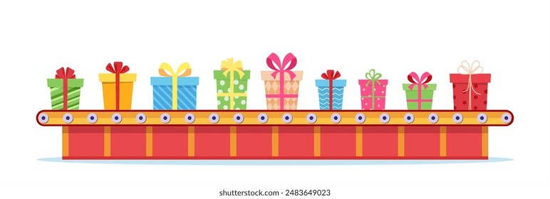 Christmas Factory Packs Gifts Boxes. Festive Presents Conveyor. Presents Delivery and Shipping. Happy New Year Decoration. Merry Christmas Holiday. Vector illustration in flat style