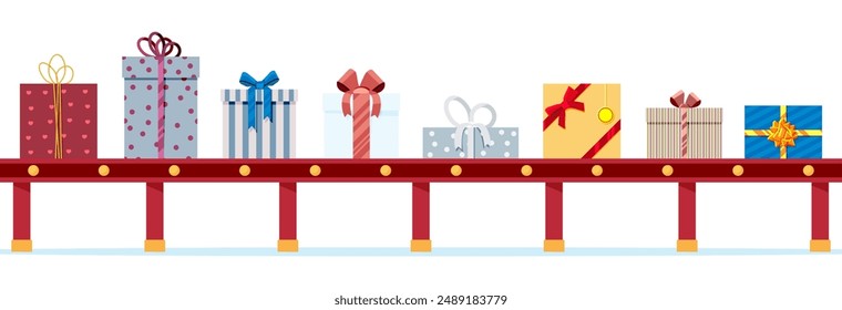 Christmas Factory Packs Gifts Boxes. Festive Presents Conveyor. Presents Delivery and Shipping. Happy New Year Decoration. Merry Christmas Holiday. New Year and Xmas. Flat Vector Illustration