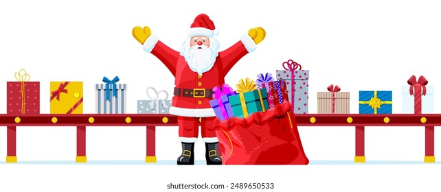 Navidades Paquetes de fábrica Cajas de regalo y Santa Claus con bolso. Transportador de regalos festivos. Entrega de regalos, envío. Decoración del Año Nuevo. Navidades Festiva. Nuevo año, Navidad. Ilustración vectorial plana