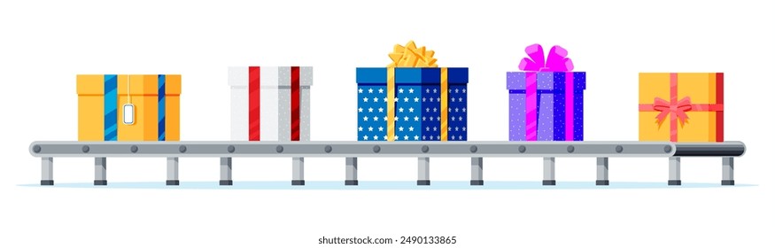 Christmas Factory Packs Gifts Boxes. Festive Presents Conveyor. Presents Delivery and Shipping. Happy New Year Decoration. Merry Christmas Holiday. New Year and Xmas. Flat Vector Illustration