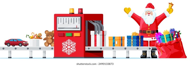 Christmas Factory Packs Gifts Boxes, Santa. Festive Presents Conveyor. Presents Delivery and Shipping. Happy New Year Decoration. Merry Christmas Holiday. New Year and Xmas. Flat Vector Illustration