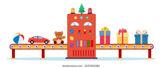 Christmas Factory Packs Gifts Boxes. Festive Presents Conveyor. Presents Delivery and Shipping. Happy New Year Decoration. Merry Christmas Holiday. Vector illustration in flat style