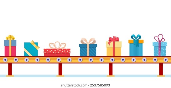 Christmas Factory Packs Gifts Boxes. Festive Presents Conveyor. Presents Delivery and Shipping. Happy New Year Decoration. Merry Christmas Holiday. Vector illustration in flat style