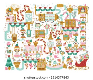 Christmas Factory Santa Claus, elves read letters, pack gifts, toys and candies for children. Hand drawn vector illustration in retro style, fantasy mechanisms, pipes and conveyors. white background.