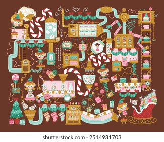 Christmas Factory Santa Claus, elves read letters, pack gifts, toys and candies for children. Hand drawn vector illustration in retro style, fantasy mechanisms, tools, pipes on chocolate background