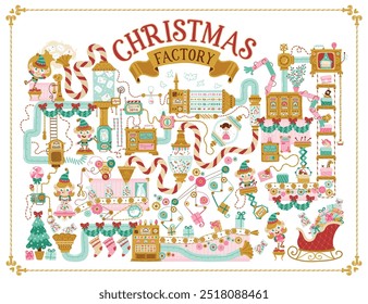 Christmas Factory Santa Claus, elves read letters, pack gifts, toys and candies for children. Hand drawn vector illustration in retro style, fantasy mechanisms, pipes and conveyors. white background