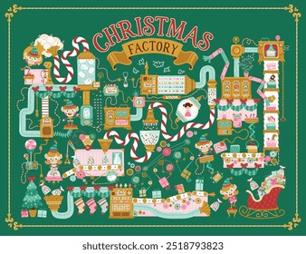 Christmas Factory Santa Claus, elves read letters, pack gifts, toys and candies for children. Hand drawn vector illustration in retro style, fantasy mechanisms, pipes and conveyors. Green background