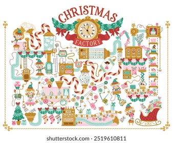 Christmas Factory Santa Claus, elves read letters, pack gifts, toys and candies for children. Hand drawn vector illustration in retro style, fantasy mechanisms, pipes and conveyors. white background