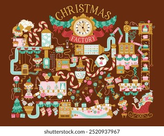 Christmas Factory Santa Claus, elves read letters, pack gifts, toys and candies for children. Hand drawn vector illustration in retro style, fantasy mechanisms, tools, pipes on chocolate background