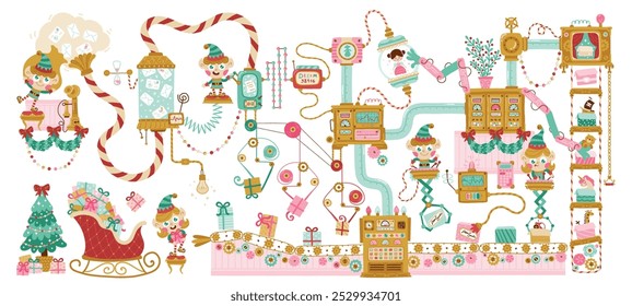 Christmas Factory Santa Claus, elves read letters, pack gifts, toys for children. Hand drawn vector cartoon illustration in retro style, fantasy mechanisms, pipes and conveyors. white background