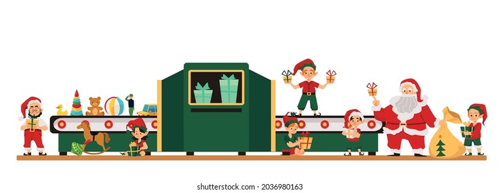 Christmas factory or Santas holiday gifts plant conveyor with characters of little elves, flat cartoon vector illustration isolated on white background.