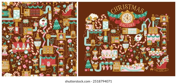 Navidades de fábrica sin patrón con elfos de embalaje de regalos para los niños. Dibujado a mano ilustración de dibujos animados de Vector en estilo retro, mecanismos de fantasía, herramientas, tuberías. Fondo de chocolate