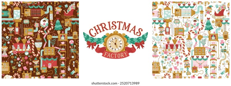 Christmas factory seamless pattern with elves packing gifts for children. Hand drawn vector cartoon illustration in retro style, fantasy mechanisms, tools, pipes. Chocolate and white background