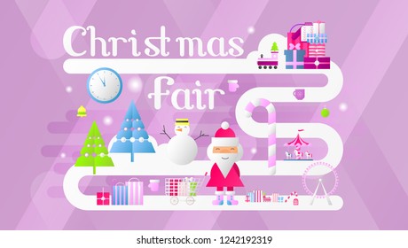 Christmas Fair Banner. Modern Flat Design – Shopping Boxes, Bags, Xmas Characters and Elements. Vector Illustration for Mobile Apps and Web Site.