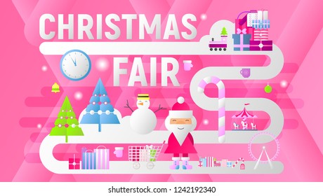 Christmas Fair Banner. Modern Flat Design – Shopping Boxes, Bags, Xmas Characters and Elements. Vector Illustration for Mobile Apps, Landing Page and Web Site. Pink Background.