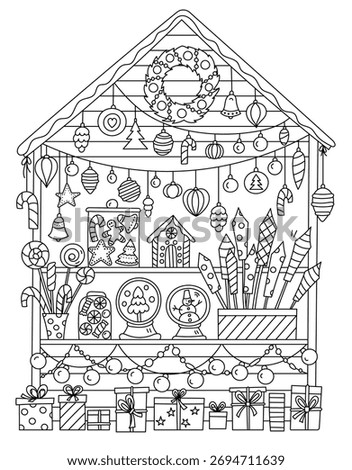 Christmas Fair Booth With Tree Decor Fireworks And Snow Globes Coloring Page For Adults And Children