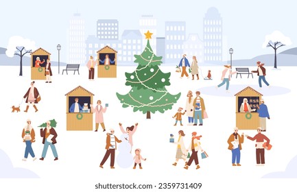 Christmas fair. Festive xmas marketing, people crowd walking in snowy city park. Winter holidays, outdoor new year activities snugly vector scene