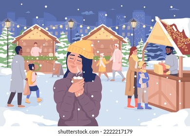 Christmas fair flat color vector illustration. Girl drinking hot chocolate with marshmallow. Xmas holiday. Fully editable 2D simple cartoon characters with festive Christmas atmosphere on background