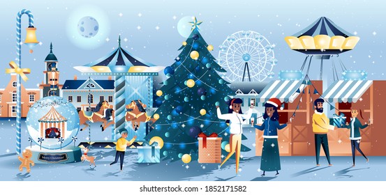Christmas fair flat greeting card. Happy people celebrating in amusement park with carousels and shopping tents. 2021 Happy New Year vector illustration. Horizontal Xmas party banner, website header.
