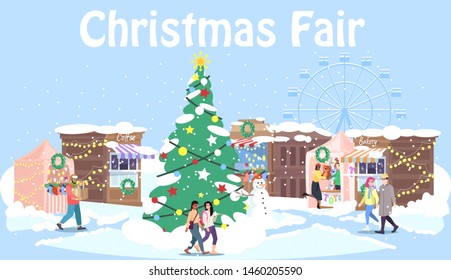 Christmas Fair Flat Illustration. New Year Celebration City Event, Festival Banner Design. Xmas Fir Tree And Market Stalls, Local Shops On Fairground. Winter Holiday Funfair, Street Market Advertising