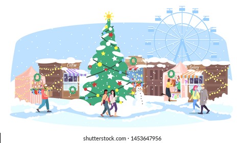 Christmas fair flat vector illustration. Xmas street market, funfair. Cartoon people walk winter fairground with holiday market stalls, Christmas tree and ferris wheel. New Year greeting card design