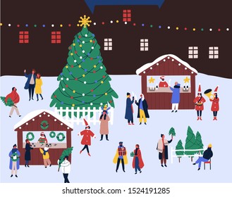 Christmas fair flat vector illustration. Winter holidays outdoor celebration. People buying hot drinks outside. New Year preparations. Fir trees stall sellers and buyers cartoon characters.