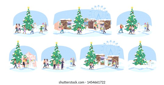 Christmas fair flat vector illustrations set. Winter market stalls, fairground with Xmas tree and attractions. Cartoon people walk New Year funfair. Winter holiday celebration city event, festival