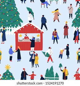 Christmas fair flat vector seamless pattern. Winter holidays festive backdrop. People buying hot drinks, fir trees background. New Year celebrating preparations wrapping paper cartoon design.