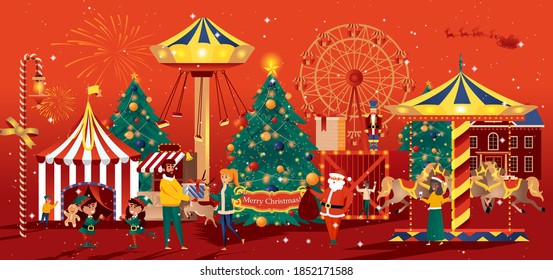 Christmas fair greeting card in flat style. Winter carnival and carousels, christmas markets and shopping people. 2021 Happy New Year vector illustration. Horizontal Xmas party banner, website header.