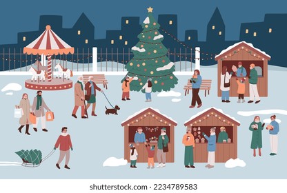 Christmas fair.  Happy crowd.Christmas market. Family, people, buying treats, having fun, shopping, drinking and eating. New year market. Celebration, holidays outdoors. Flat vector illustration.