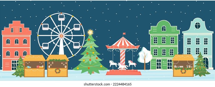 Christmas fair horizontal vector banner. Winter night cityscape with buildings, kiosks, ferris wheel, merry-go-round, Christmas fir trees. Christmas time. Market in the square. Vector illustration. 