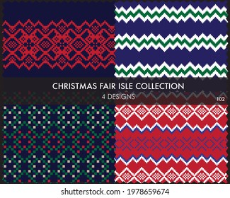 Christmas fair isle pattern collection includes 4 design swatches for fashion textiles, knitwear and graphics