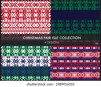 Christmas fair isle pattern collection includes 4 design swatches for fashion textiles, knitwear and graphics