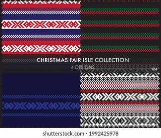 Christmas fair isle pattern collection includes 4 design swatches for fashion textiles, knitwear and graphics