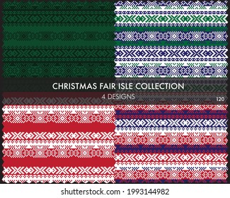 Christmas fair isle pattern collection includes 4 design swatches for fashion textiles, knitwear and graphics