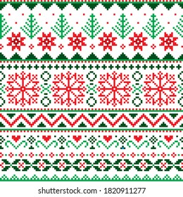 Christmas Fair Isle style traditional knitwear vector seamless pattern with snowflakes, trees and hearts in red and green. Scottish winter retro textile folk art background 