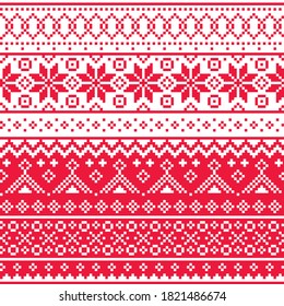 Christmas Fair Isle style traditional knitwear vector seamless pattern, Shetlands red knit repetitive design with snowflakes. Retro textile folk art background inspired by traditional patterns 