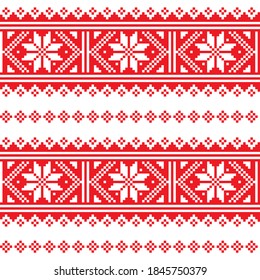 Christmas Fair Isle style traditional knitwear vector seamless pattern with snowflakes in red and white - winter sweater style
