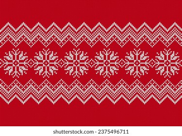 Christmas fair isle traditional print. Red knitted holiday texture. Sweater knit seamless pattern. Ornament with snowflakes. Xmas festive background. Vector illustration.