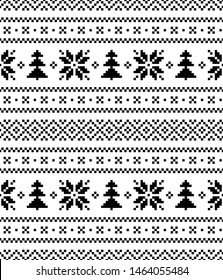 Christmas fair isle winter pattern vector. Seamless black and white pixel design with traditional nordic ornament elements for ugly sweater, hat, or other holiday prints.