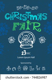 Christmas fair, market announcement poster, card template with snow globe.