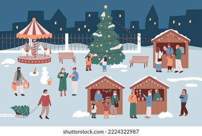 Christmas fair. Christmas market. Family, people, buying treats, having fun, shopping, drinking and eating. New year market. Celebration, holidays outdoors. Flat vector illustration.