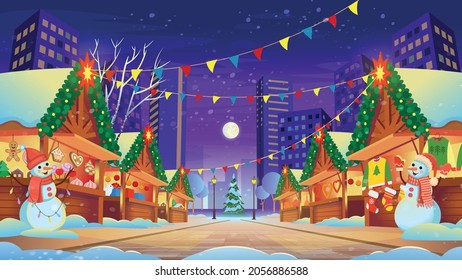 Christmas Fair. Christmas Market with lighting shopping traditional gifts, buying holiday food. Vector illustration in cartoon style. Christmas decorations.