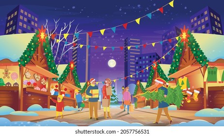 Christmas Fair. Christmas Market with people, lighting shopping traditional gifts, buying holiday food. Vector illustration in cartoon style. Christmas decorations.