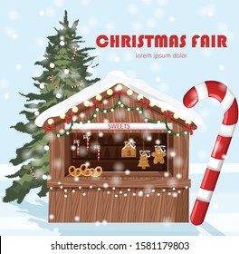 Christmas fair market stand with sweets for sale. Gifts, stockings and bakery products. Vector