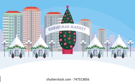 Christmas fair in the modern city. Vector background