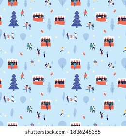 Christmas fair pattern. Happy people shopping, winter outdoor walking. Man woman child New year celebration. Festive or holidays street market vector seamless pattern
