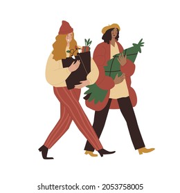 Christmas fair. People buying Christmas tree on the market. Two women Preparing to new year. Fiat style in vector illustration. Isolated elements. Holiday shopping. Family, friends.